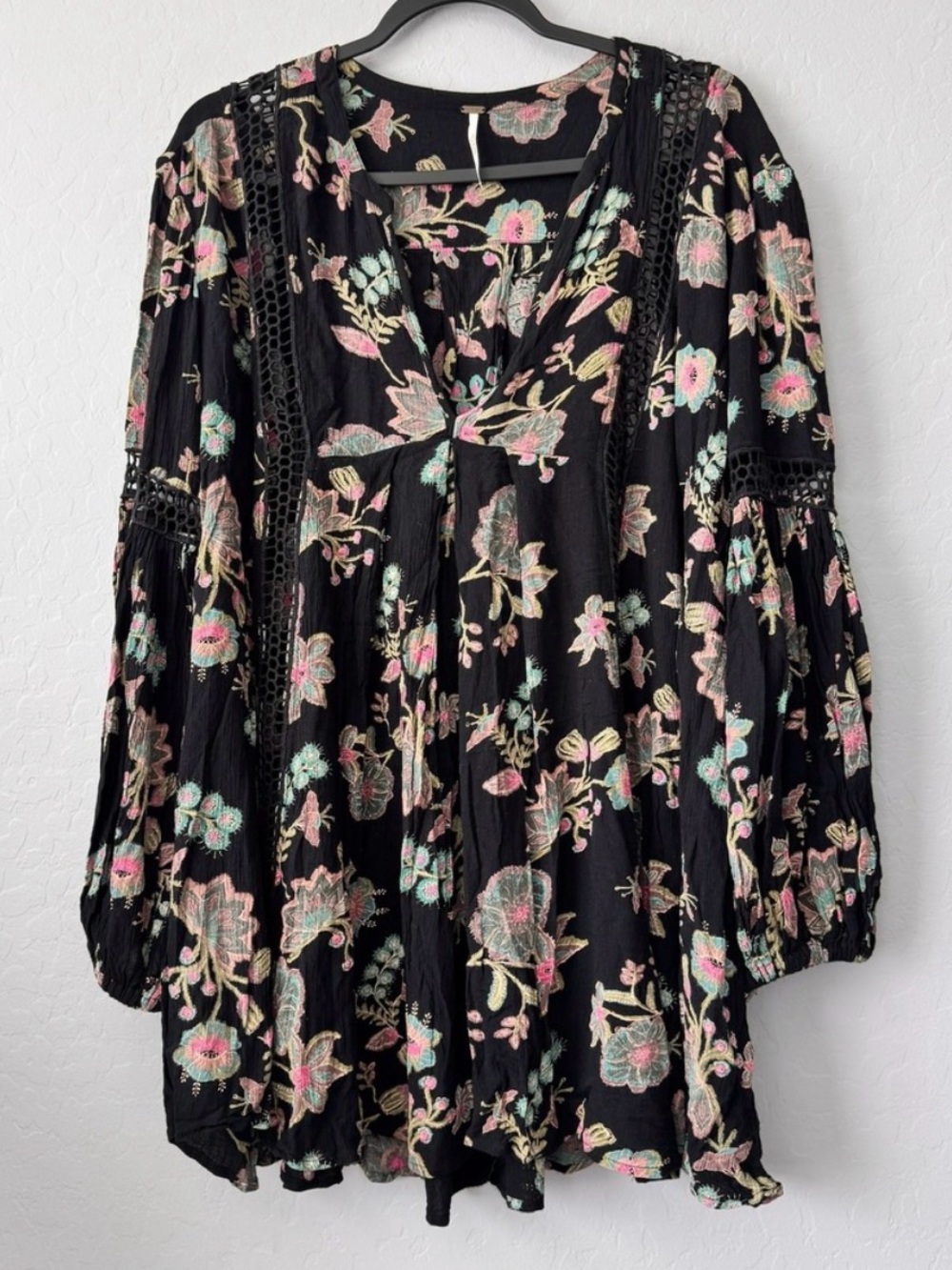 Free People Black Babydoll Floral Tunic with Pink & Mint Embroidery